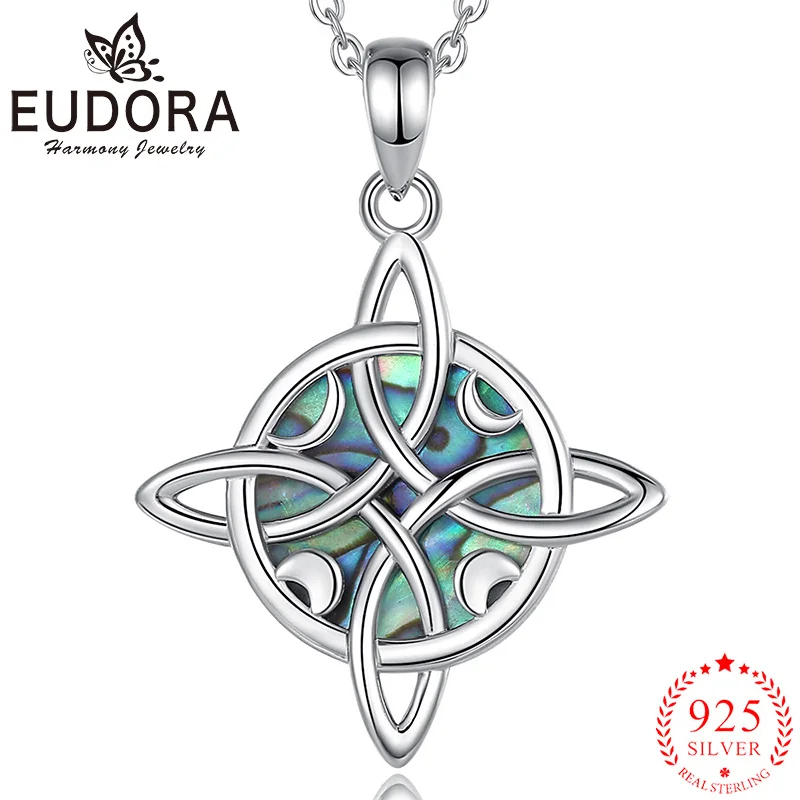Eudora 925 Sterling Silver Witches Knot Necklace Moon Celtic Knot Abalone Shell Pendant Witch Jewelry Personality Gift for Women