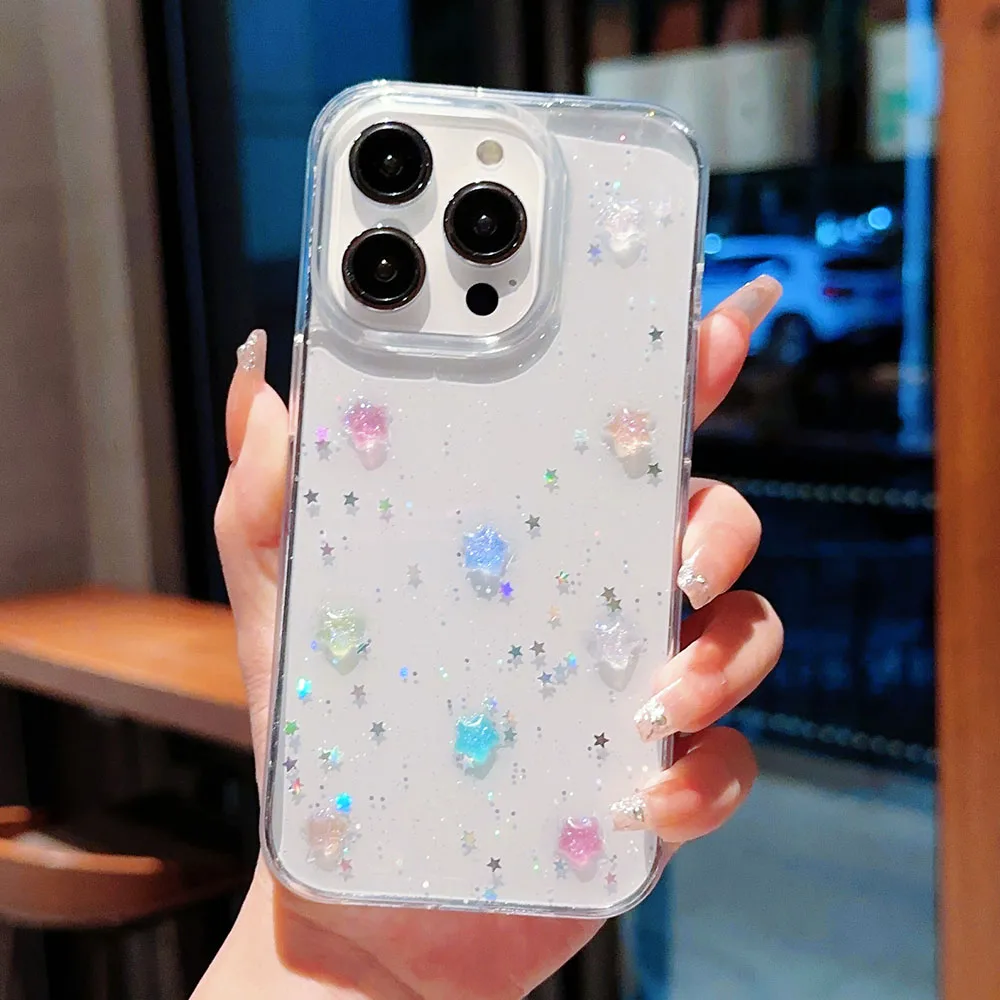 حافظة لهاتف آيفون 16 15 14 Plus 13 11 12 Pro Max Plus بالترتر غطاء شفاف مزين بالترتر ثلاثي الأبعاد