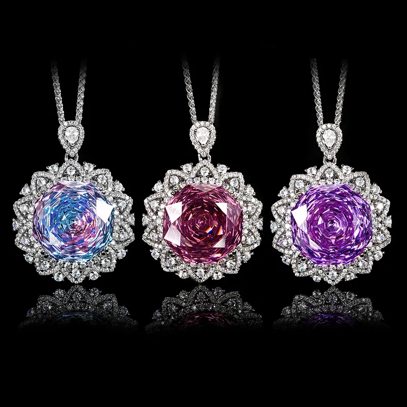 Silver Plated Rose Cut Simulated Gemstone Necklace for Women Floral Zircon Halo Big Statement Wedding Pendant