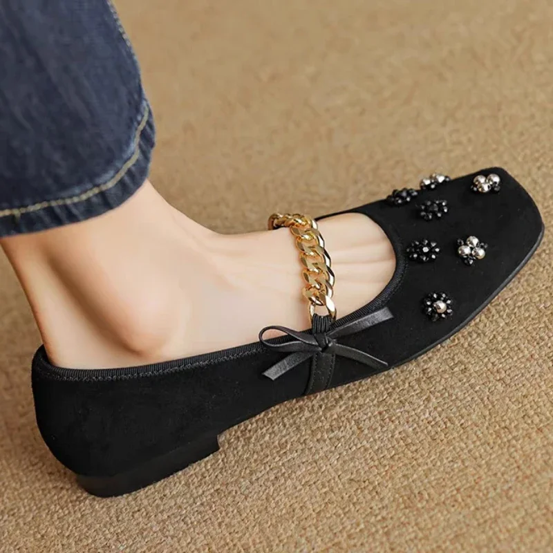 Women's Shoes 2024 Brand Slip-on Women's Flats Fashion String Bead Daily Flats Women New Metal Decoration Square Toe Flat Shoes