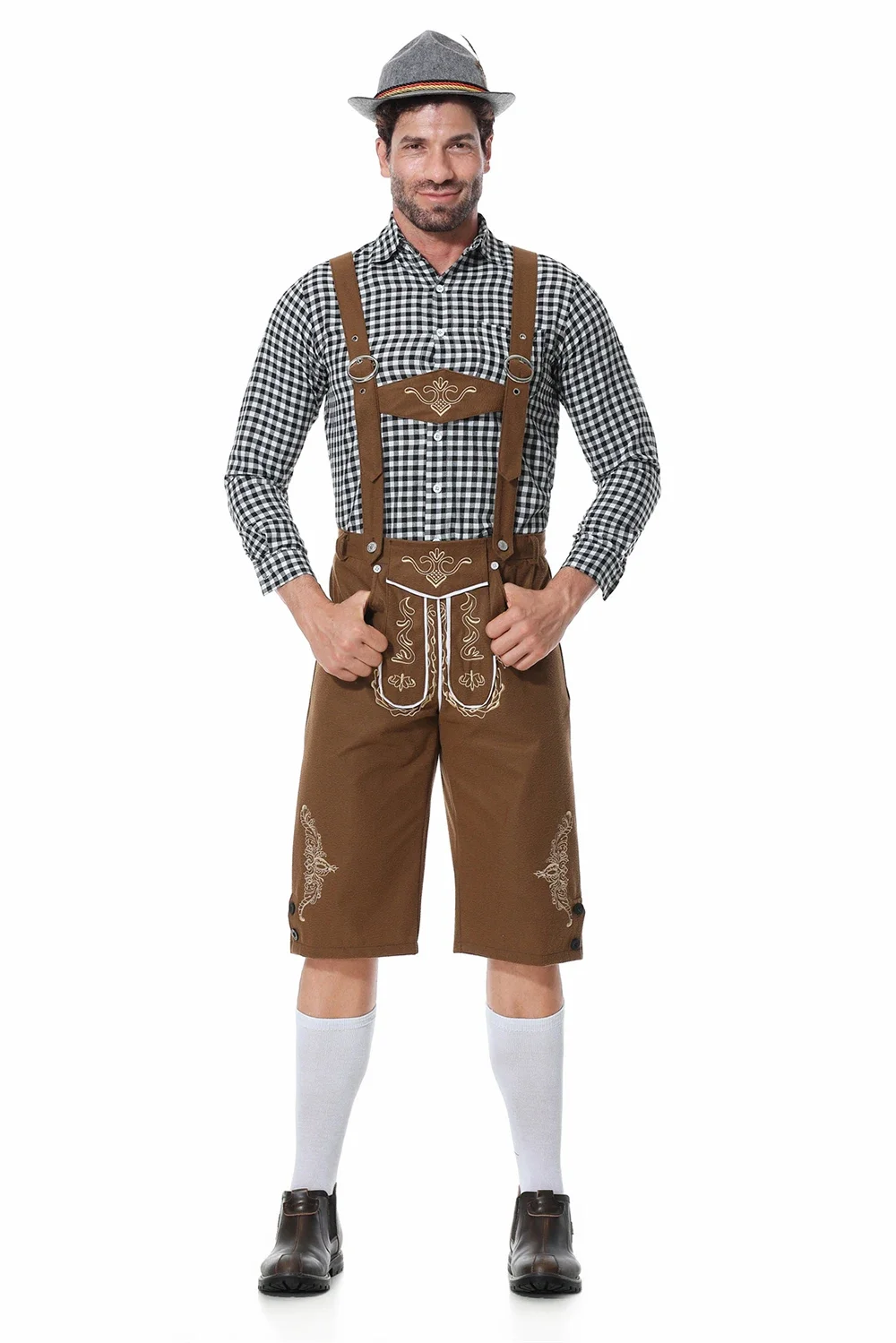 Hat and Plaid Shirt and Suspenders Lederhosen Bavarian Bavarian Oktoberfest Costume Oktoberfest Costume for Mens 3pcs Set