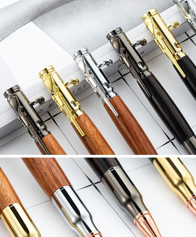 1 Stück Metall-Holz-Kugelschreiber, pistolenförmiger Klickstift, glattes Schreiben für Büro und Schule – Detail 3