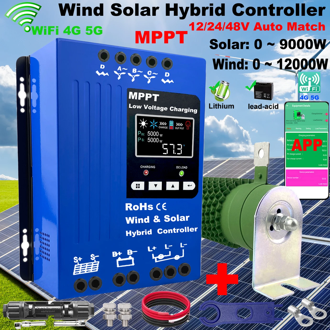 

12V 24V 48V 6000W Wifi Wind Solar Hybrid Charge Controller, MPPT Charge for Solar Panel Wind Turbine,Lithium Lead Acid Battery