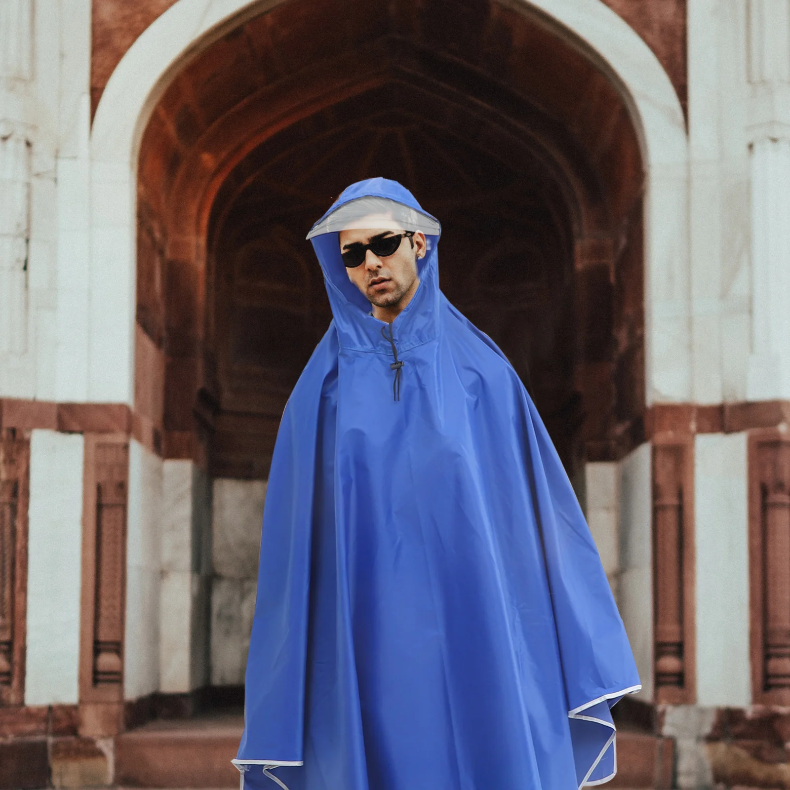 

Outdoor Riding Raincoat Blue Double Brim Hooded Elastic Cuffs Waterproof Breathable Adults Poncho Electrocar Rain Cape