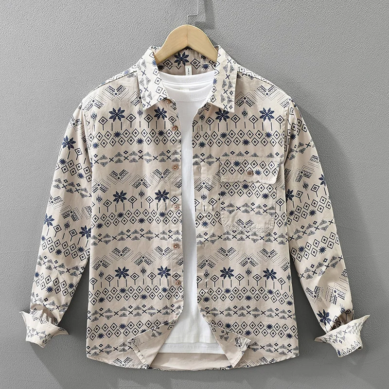 

2026, весенне-осенние новые повседневные мужские рубашки из 100% хлопка с длинными рукавами и принтом, уличная одежда с мягким отложным воротником