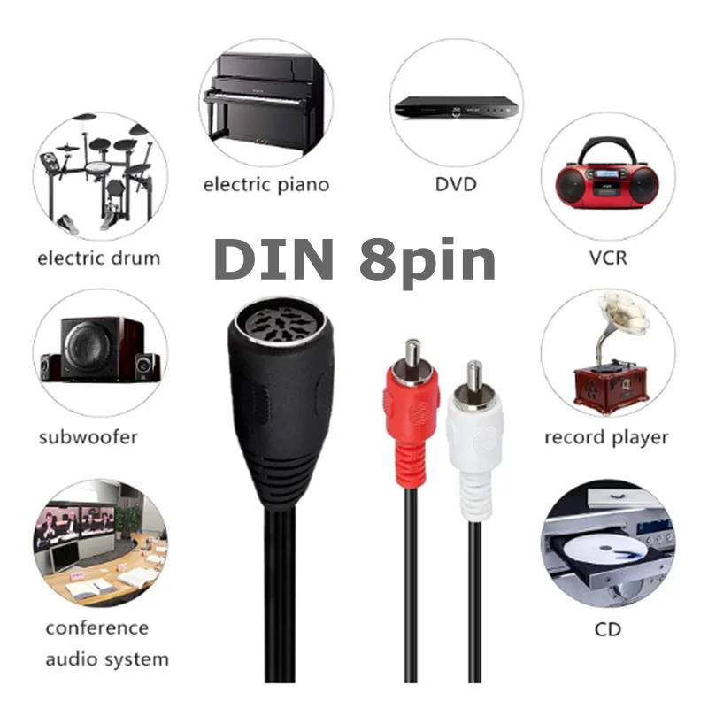 

0.5m 1.5m Din 8pin to 2RCA Lotus Connector Cable for Male and Female Audio Adapter Cables for Instrument Audio Equipment