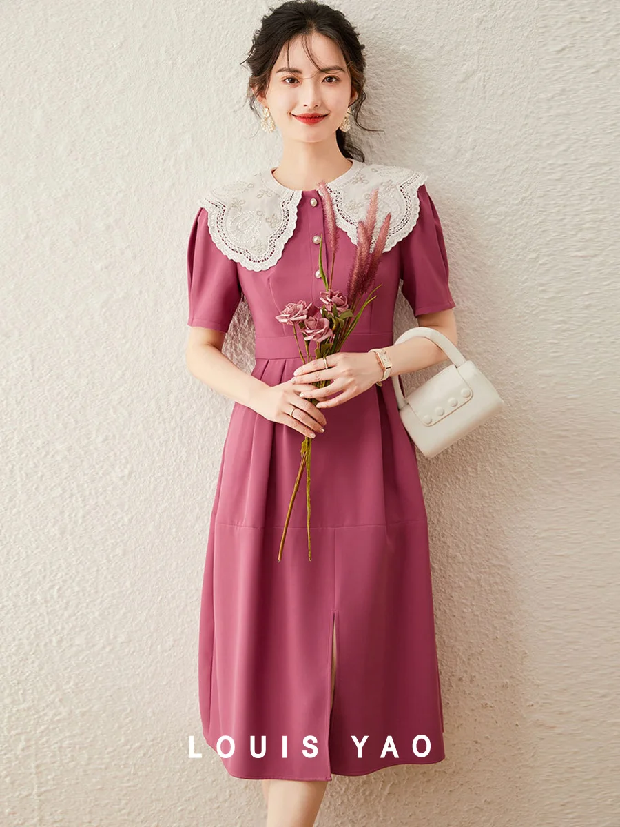 

LOUIS YAO 2025 Summer Sweet Gentle Petal Collar Dress Commuting Style Short Sleeve Slimming Long Dress Women's Skirt