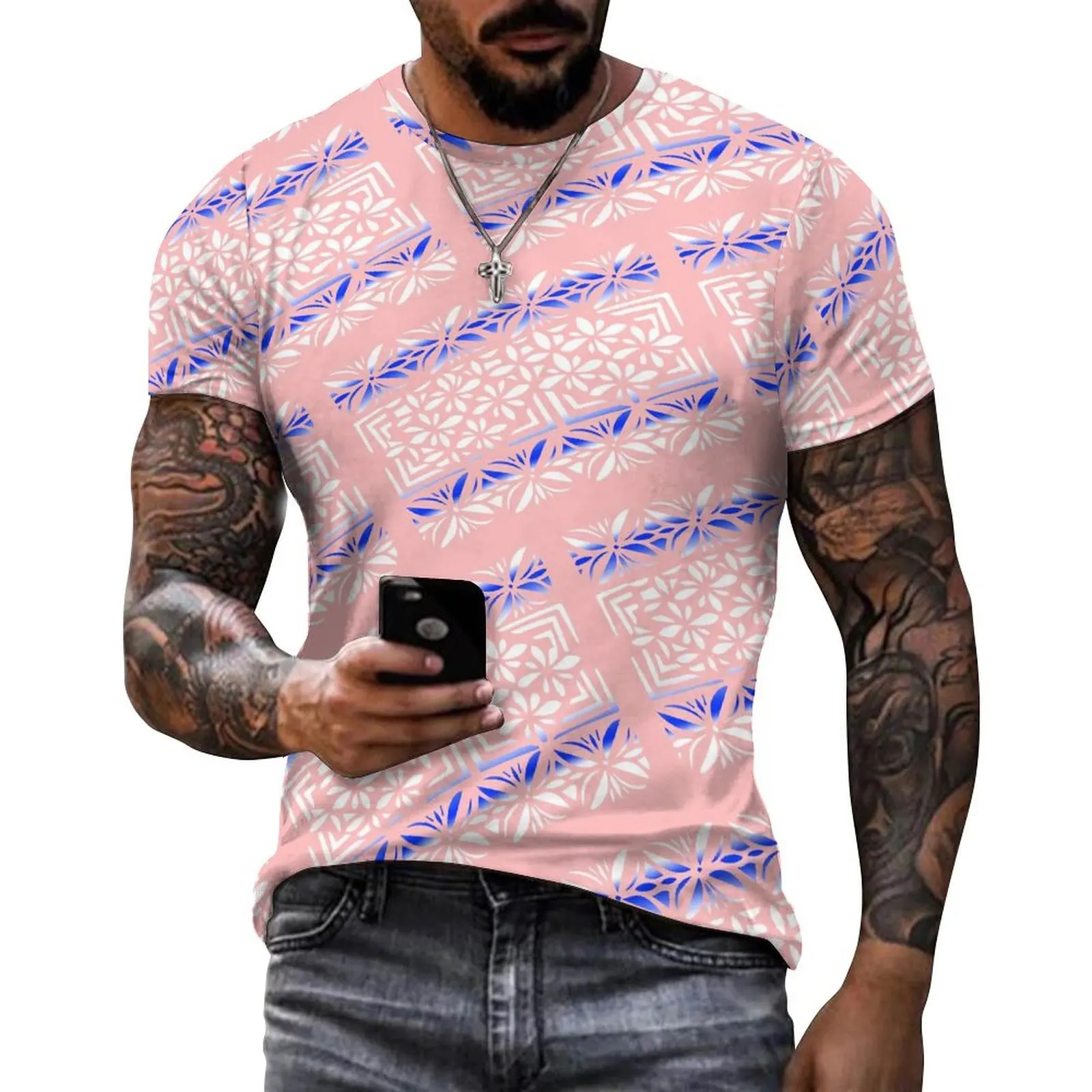 Custom Design Your Own Brand Oversized Men's O Neck Shirts Polynesian Print Breathable Pure cotton T Shirts