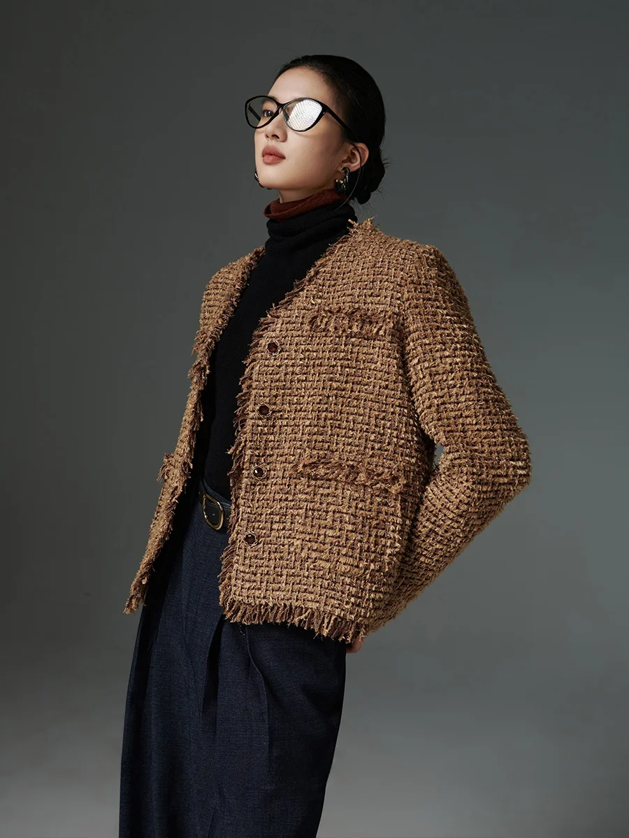 

Шерстяное пальто Kiki Sunset Molten Gold Fringe в винтажном стиле, маленький французский шик, женская верхняя одежда, элегантное, с ощущением высокого класса, длинное