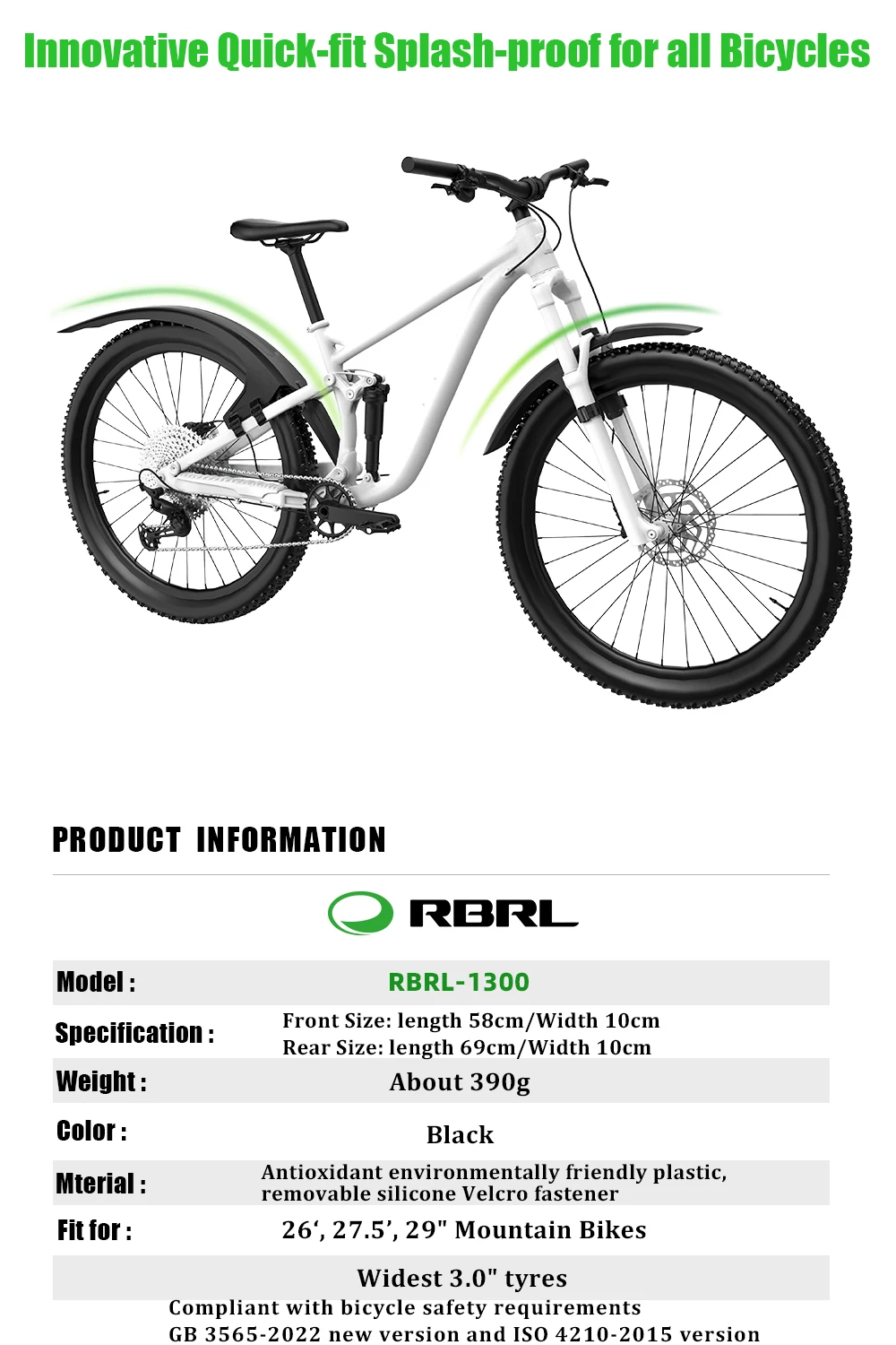 RBRL Extended Widen Fahrradschutzblech, kompatibel mit 7,6 cm Reifenbreite 26–29, vollständiger Abdeckung, spritzwassergeschützter Mountainbike-Schutzblech – Detail 1