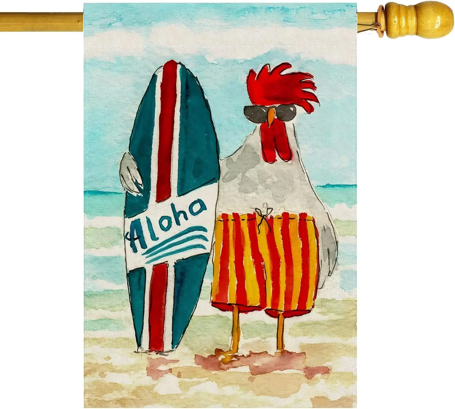 Watercolor Aloha Surfboard Beach Chicken Seaside Themed Summer House Flag Large 28X40 Inch Big Vertical Double Sided Outside SSL