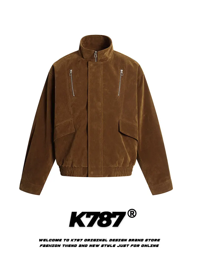 

K787 Men's Retro Cleanfit Sle Zip Splicing ort Jaet Suede Leather Stand Collar Streetwear American Vintage Outerwear