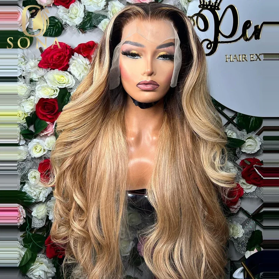 1B/27 Highlight Wig Brazilian Dark Roots Honey Blonde 13x6 13x4 HD Lace Front Human Hair Wigs For Women Body Wave Pre Plucked