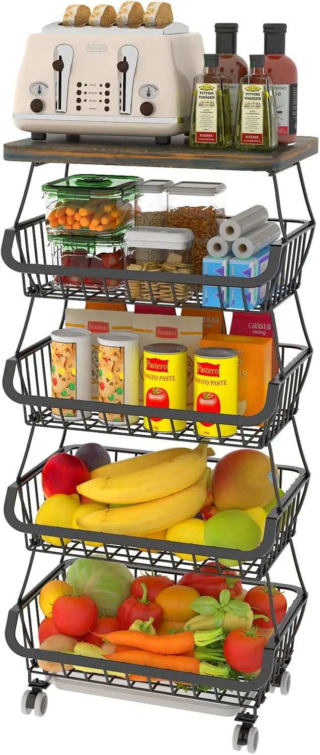 

Fruit Basket with Wooden Lid for Kitchen, 5-Tier Stackable Wire Fruit Vegetable Storage Basket Organizer Stand on Wheel