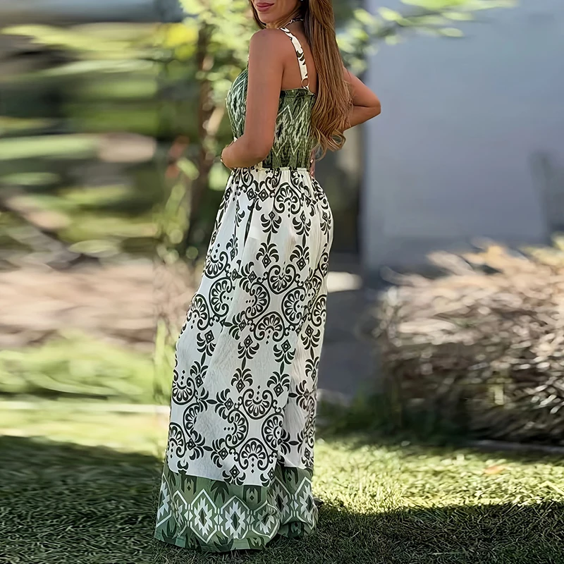 Women Bohemian Print Jumpsuit Spaghetti Strap Square Neck High Waist Wide Leg Romper With Pockets Casual Vacation Beach Overalls