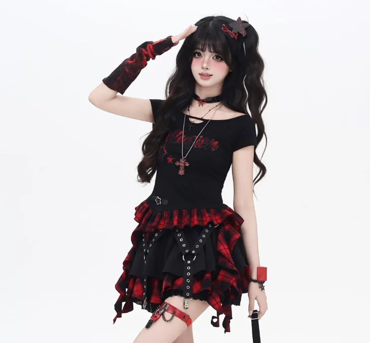 Sexy Girl Black Red Plaid Versatile A-line Cake Skirt Personalized Subculture Y2K Age-reducing Japanese Sweet Cool Short Skirts