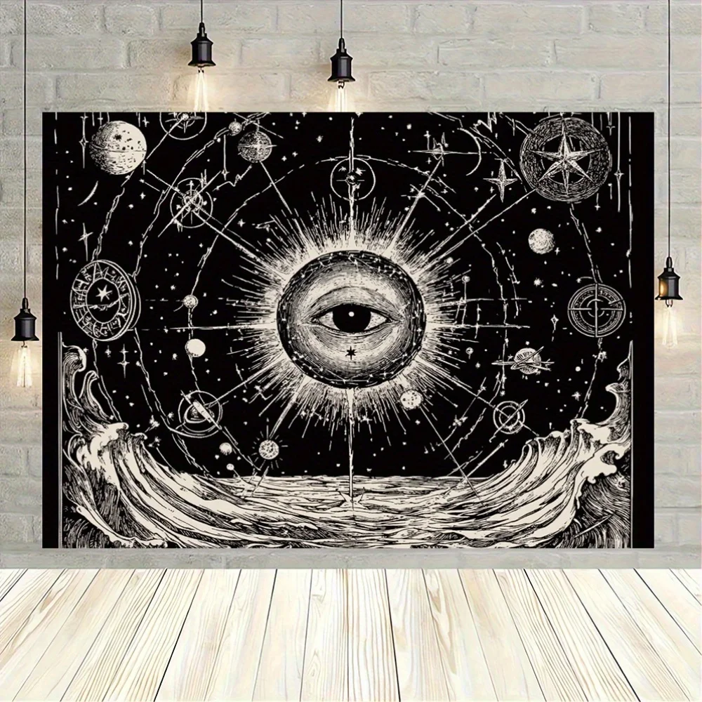 All-Seeing Eye Cosmic Tapestry Black White Vintage Wall Hanging Living Room Bedroom Office Boho Occult Decor
