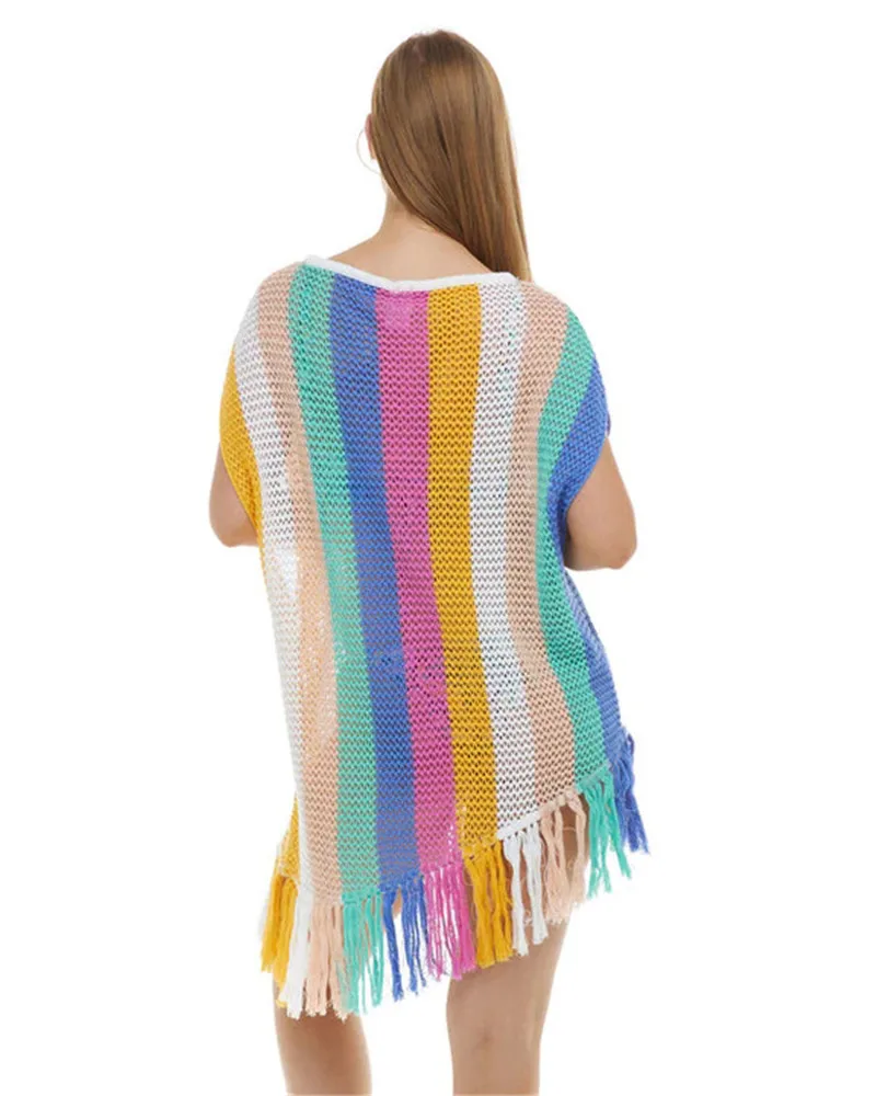 Rainbow Stripe Tassel Casual Short Sleeve Knitting Bikini Cover-ups For Women 2023 Summer Beach Wear Swim Suit Cover Up