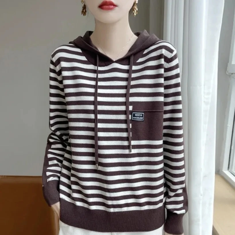Jersey holgado con capucha para mujer coreana, suéter tejido a rayas con cuello redondo para mujer, Jersey informal de manga larga para primavera y otoño