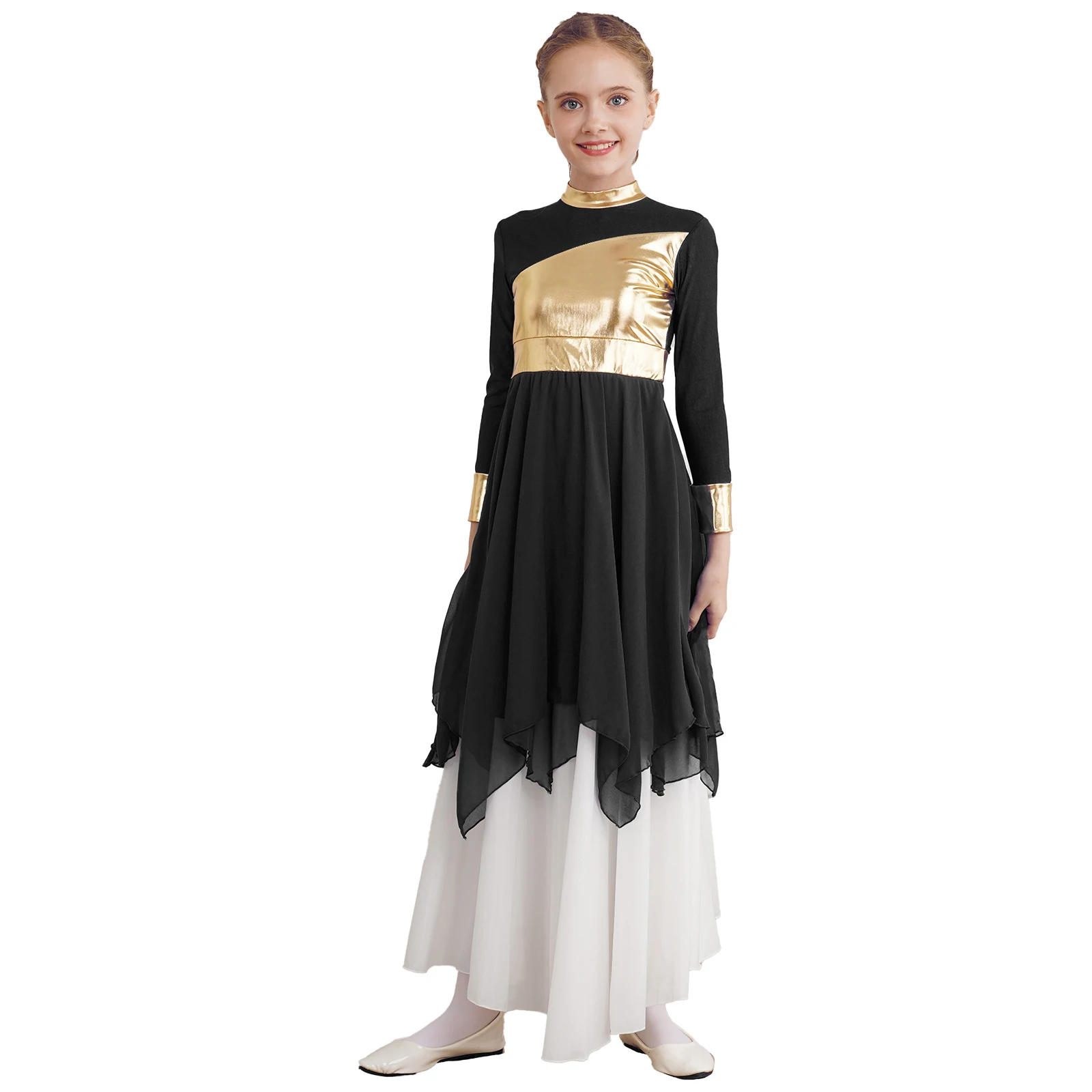 Kids Girls Lyrical Ballet Dance Dress Long Sleeve Bronzing Cloth Patchwork Church Praise Dresses Contemporary Modern Dancewear