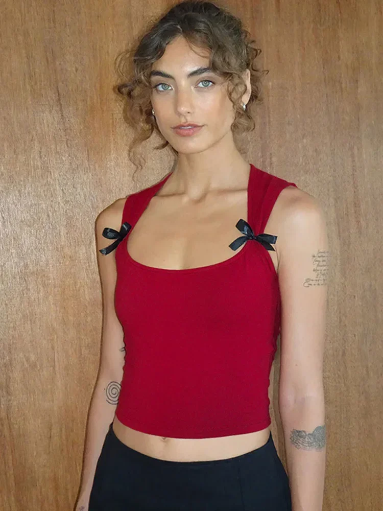 

2025 Comfortable Y2K Women'S Bow Tie-Up Tank Tops Wide Shoulder Straps Bandage Camisole Sexy Low Cut Crop Tops Female Vest Tops