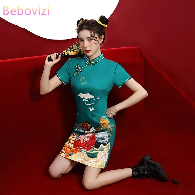 

Plus Size Traditional Chinese Style Retro Improved Cheongsam Dresses Summer New Slim Short Sleeve Midi Dress Women Qipao Clothes