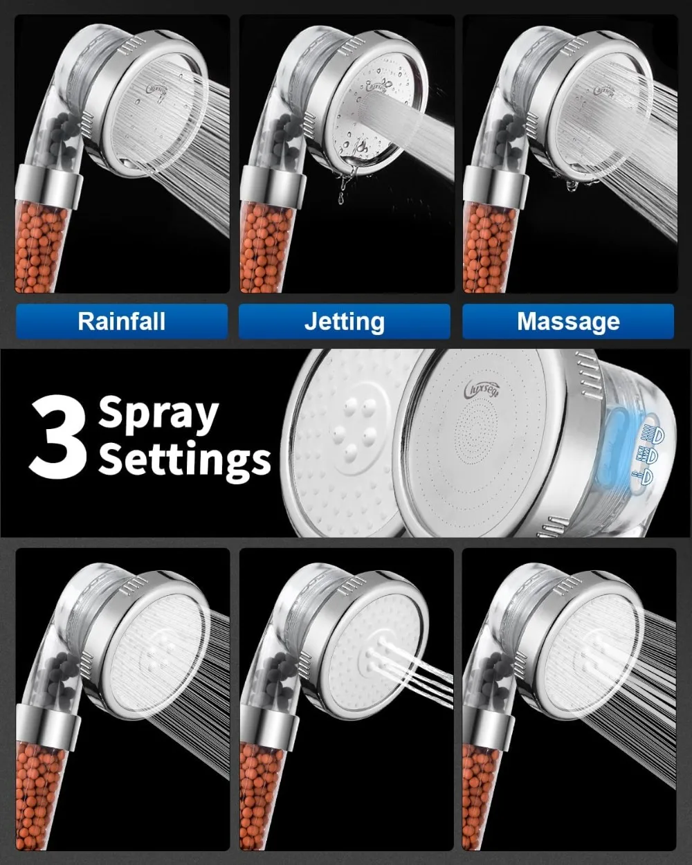 High Pressure Filtered Shower Head for Hard Water, 3 Modes with Handheld Spray, Mineral Beads Remove Chlorine & Fluoride for Dry Hair & Skin