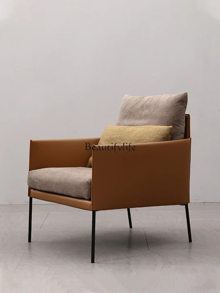 

09 Leather Single Mid-Ancient Couch Nordic Designer Saddle Leather down Feather Balcony Leisure Chair