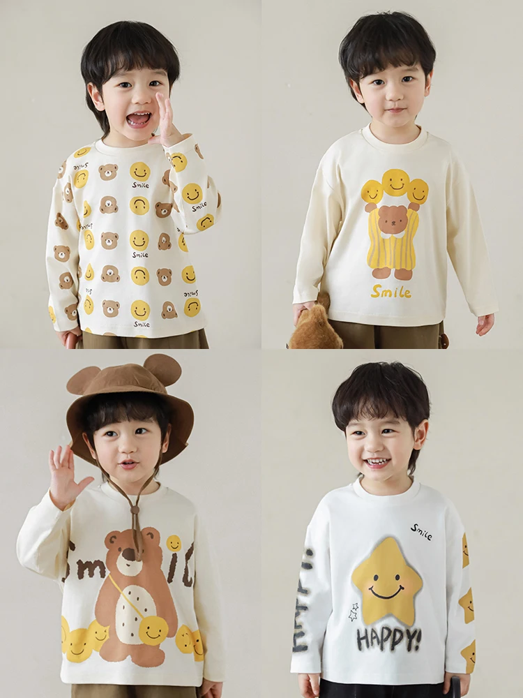 

Boys 2024 New Round Neck Long Sleeved Bear T-shirt Loose Versatile Cotton Printed Top