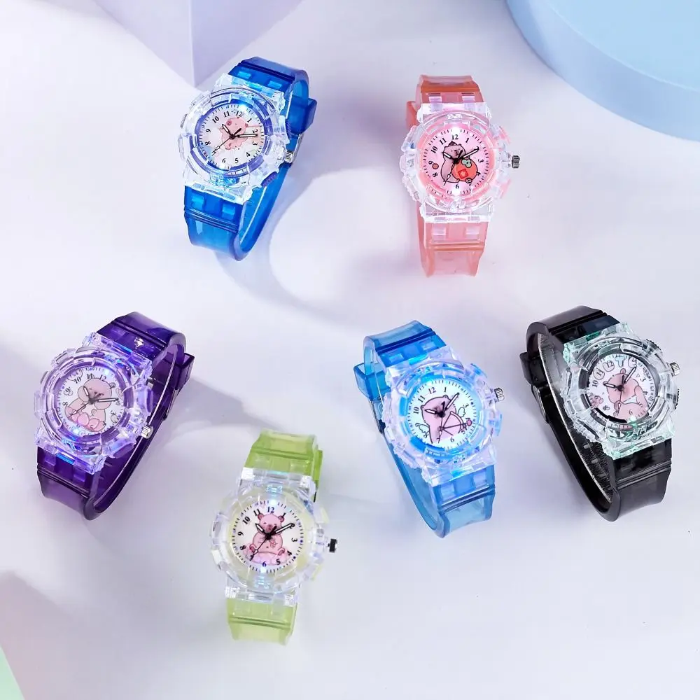 High Quality Capybara Digital Pointer Watch Transparent Strap Night Glow Wristwatch Cute Cartoon Luminous Quartz Watch Gift