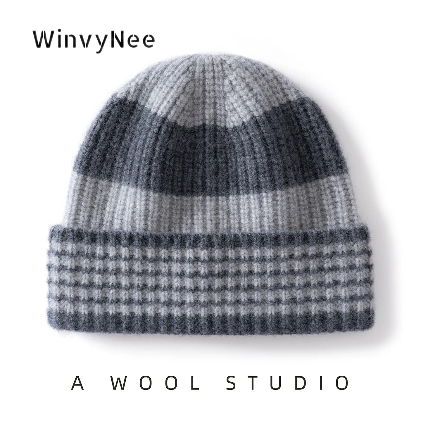 WinvyNee Women Pure Wool Knit Thick Striped Color Block Hat Trendy Warm Fine Texture Versatile Elegant Autumn Winter ZI1883041