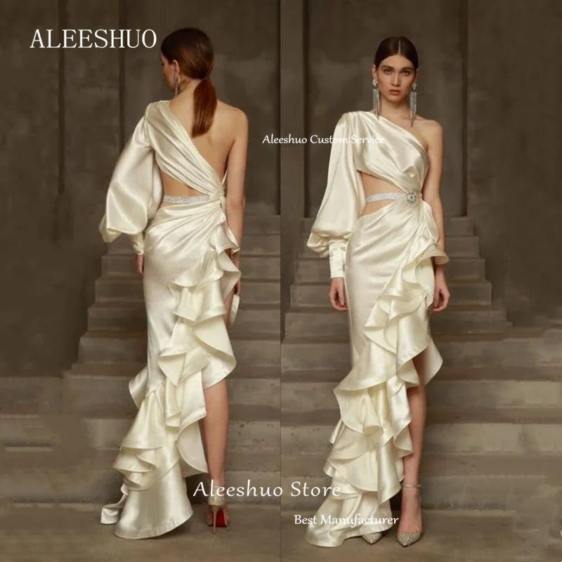 Aleeshuo Elegant ชุดราตรียาวไหล่เข็มขัดไม่สมมาตร Slim Backless Prom Gowns อย่างเป็นทางการ Party ความยาวที่กําหนดเอง