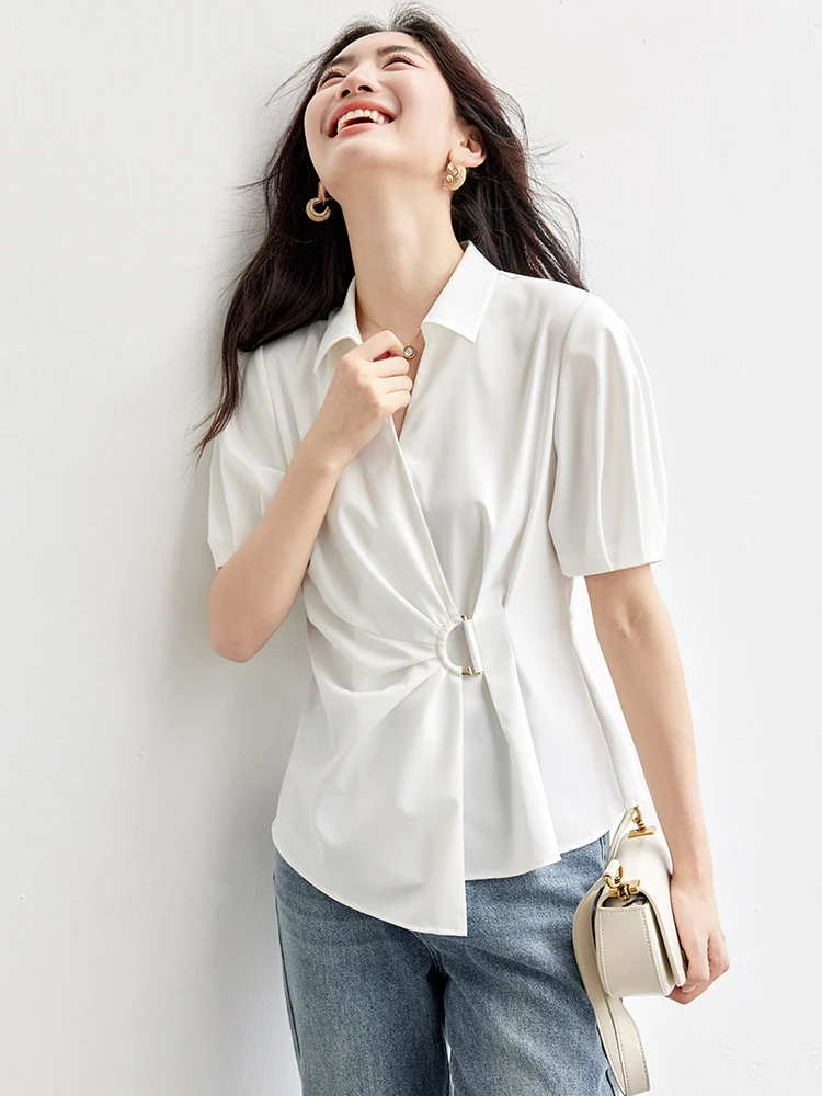 

SENTUBILA 2025 Summer Lantern Short Sleeve Blouses Women V-neck Lapel D-button Slim-fit Waist Elegant Women's Shirt 152CA1731