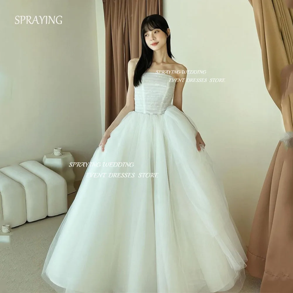 

SPRAYING Fairy Strapless Sparkly Lace Korea Wedding Photo Shoot Dress Tulle Long Pleat Bridal Gowns Corset 신부 웨딩드레스 Customized