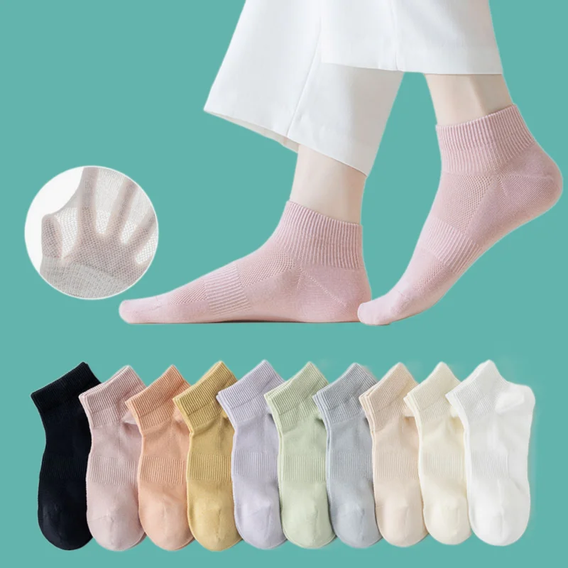 

5/10 Pairs Summer Thin White Women's Mesh Cotton Short Socks Sweat-absorbent Breathable Ladies Short Tube Boneless Casual Socks