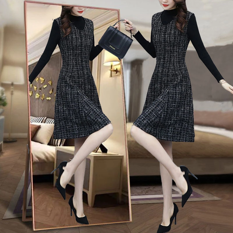 

Autumn Winter Two Piece Set Dress Women Sweater Tops Plaid Woolen Spaghetti Strap Dresses Suit Knee-Length Vestidos Outfits E488