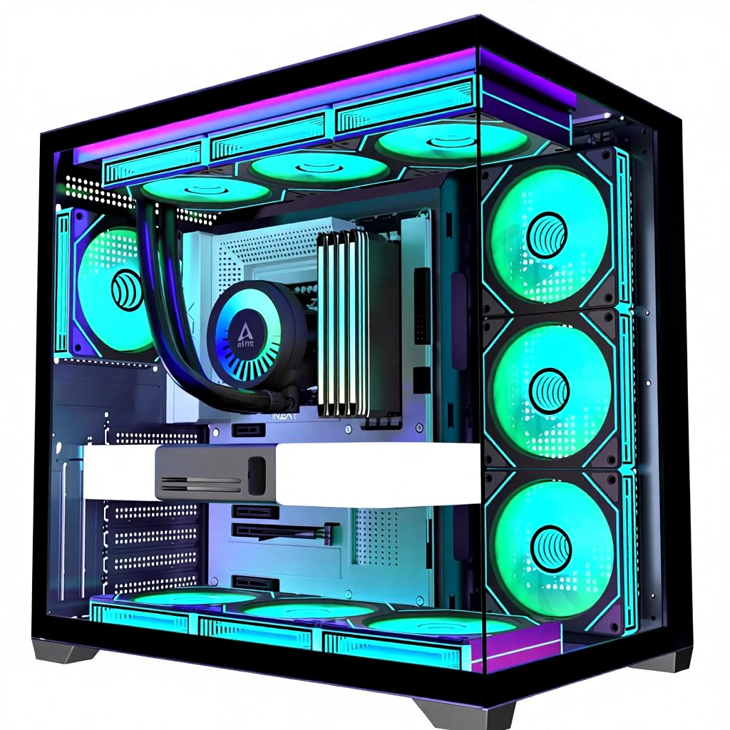 Full‑Tower Gaming PC Case Panoramic Tempered Glass Panel 9PWM ARGB Fans 360mm Radiator Support Front Audio Port