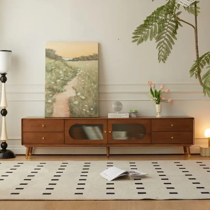 Solid Wood TV Cabinet and Coffee Table Combo for Small Apartment Living Room Household Storage Ground Cabinet Light Luxury