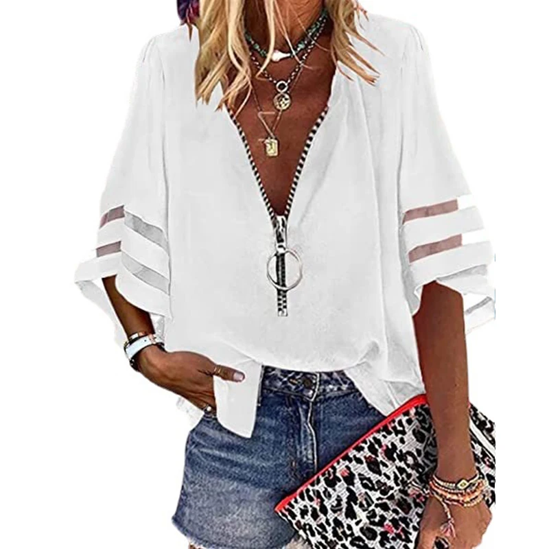 Women\'s Elegant Off Shoulder Shirt Blouse New Casual Letter Print V Neck Zipper Tops Loose Shirt Top Long Sleeve Women Blouse