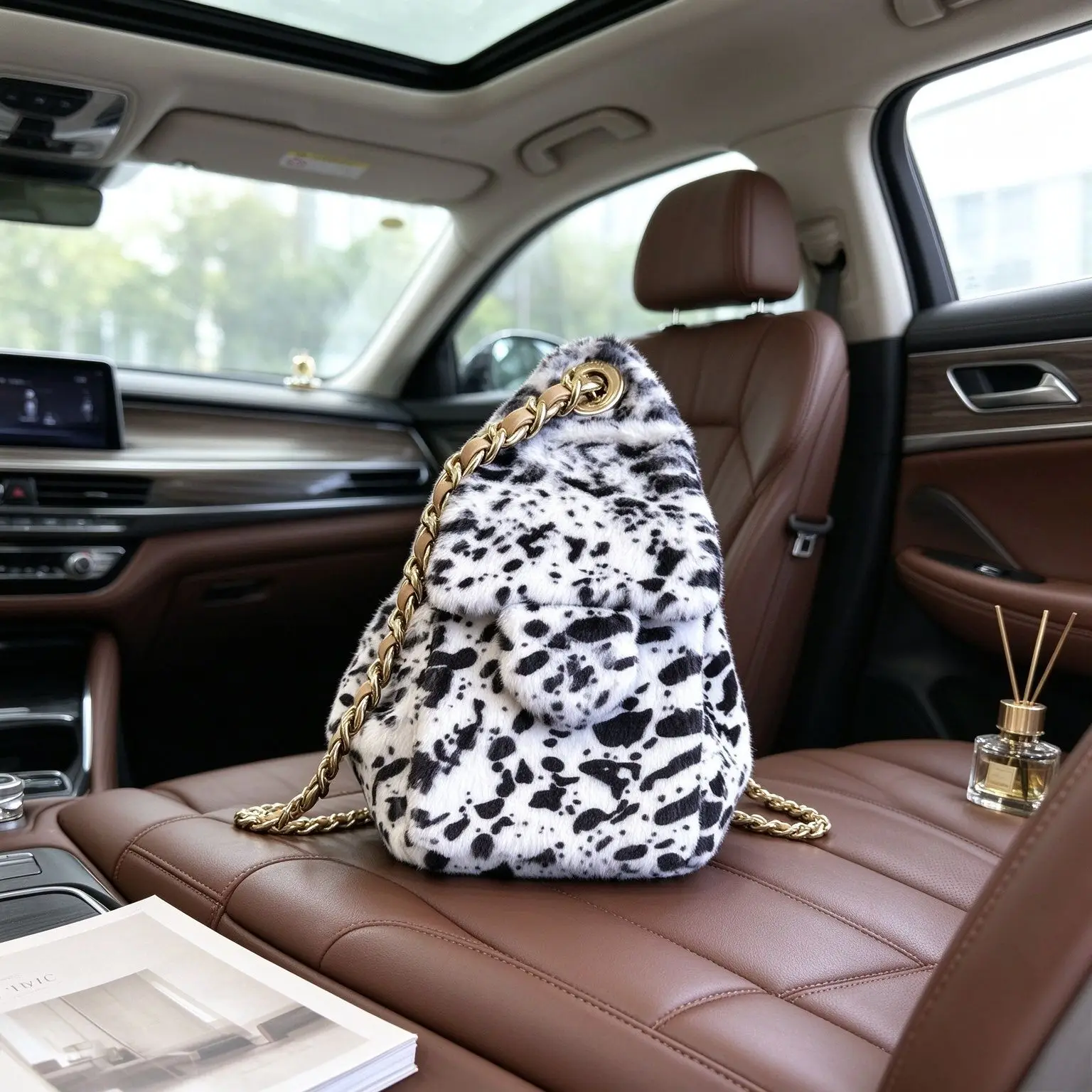 Unisex Cow Print Faux Fur Drawstring Bucket Bag Interwoven Leather Chain Large Capacity Shoulder Crossbody Handbag