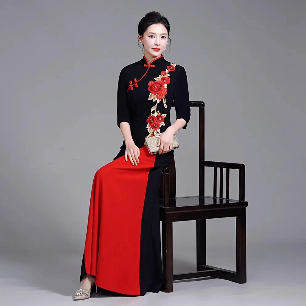 6XL 7XL Large Size High End Elegant Improve Cheongsam Dress Ethnic Style Women Embroidered Evening Dress Mother Long Vestidos