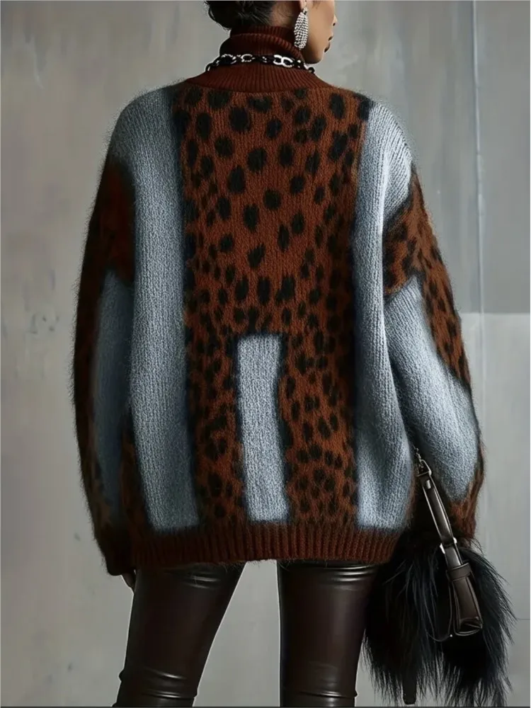Women Turtleneck Knit Sweater Fashion New Leopard Print Spliced Long Sleeve Loose Casual Pullover Autumn Winter Warm Tops
