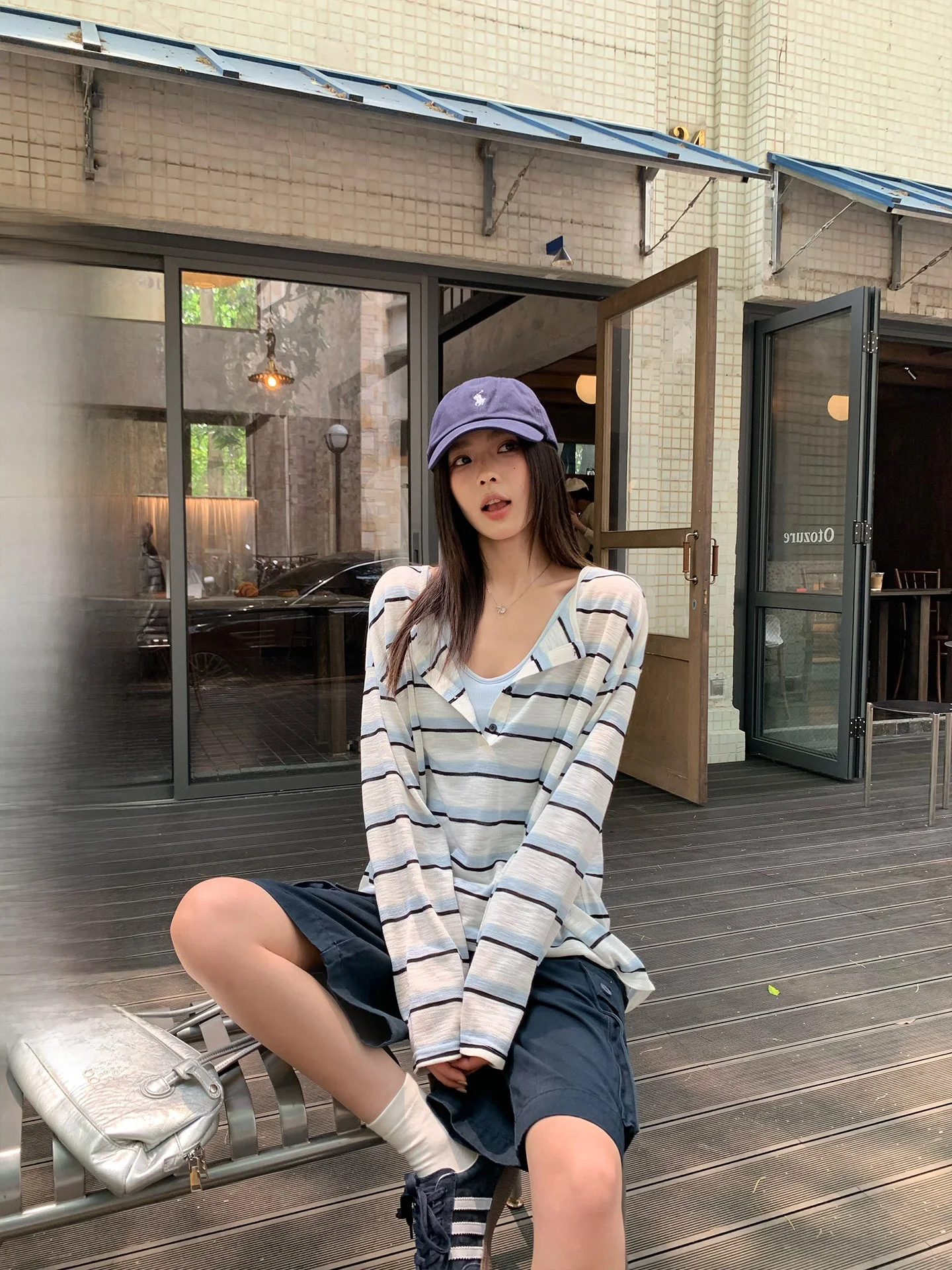 Loose Long Sleeve Women's T-shirt Blue Stripes Summer New Design Sensation Sun Protection Cover up Top Comfortable Korean Style