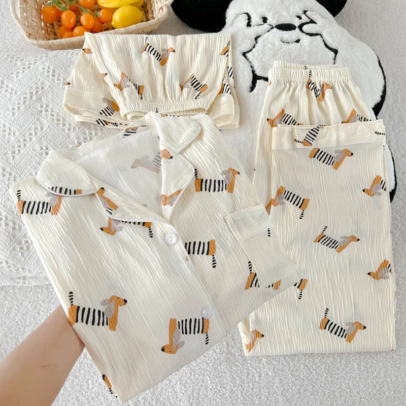 

Female Short Sleeve Lapel Cute Cartoon Dachshund Homewear Women Summer Thin Pajamas Three-piece Set Comfortable Casual Sleepwear