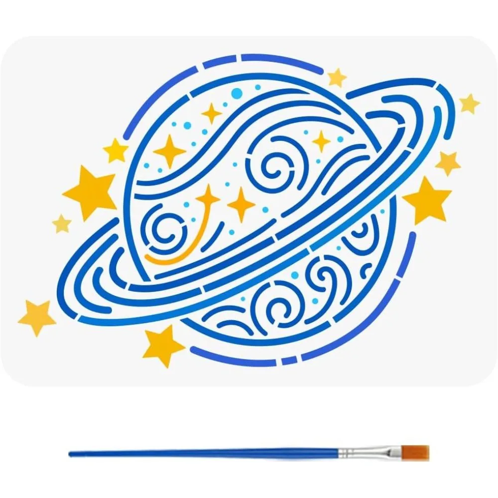 Planet Pattern Stencil with a Paint Brush 11.7x8.3Inch Planet of Dreams Painting Stencil Reusable PET Science Fiction Theme