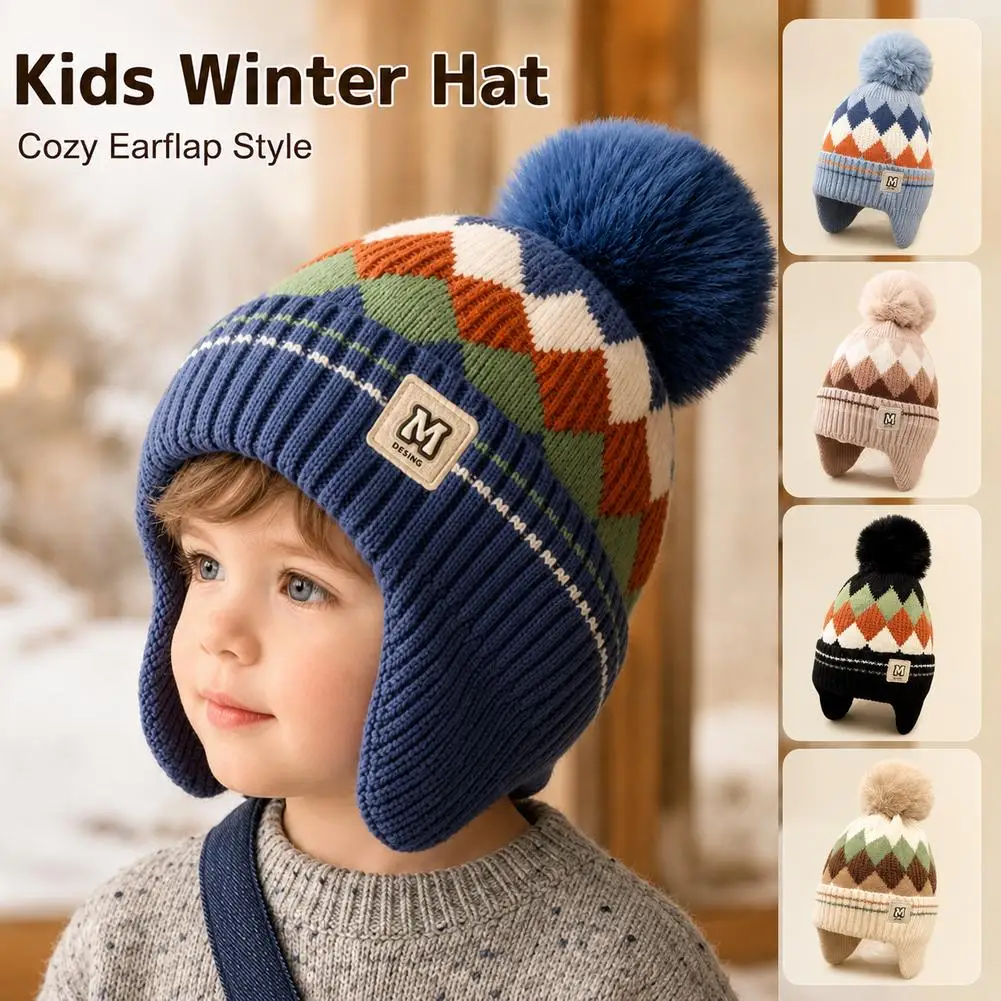 New Kids Knitted Hat Warm Winter Hat with Plush Pom Earmuffs Children's Windproof and Cold-Proof Beanie Children's Gift 2026