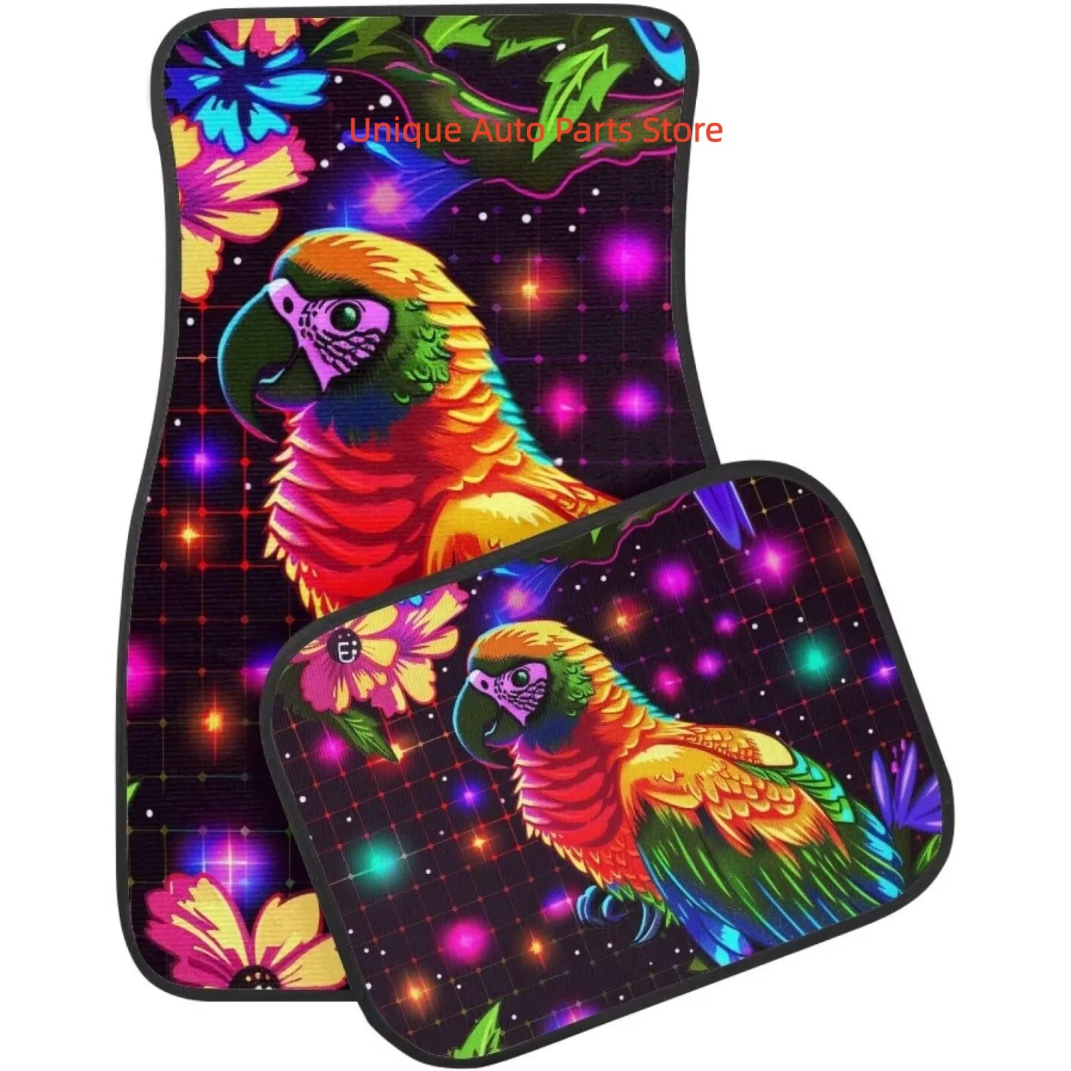 Set of 4 Car Floor Mats with a Bright Neon Parrot Flower Design, Suitable for Front And Rear, Universally Compatible
