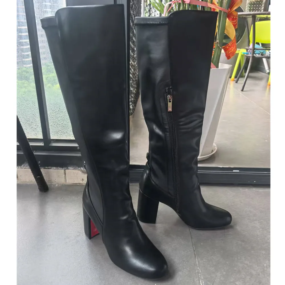 

Women Genuine Leather Round Toe Boots for Woman's Zipper-Sid Cow Suede Crude Heels Shoes Sexy Ladies Atumn Wnter Long Boots