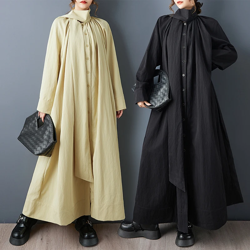 

Повседневное свободное длинное пальто для осени и зимы, модная верхняя одежда в художественном стиле, женское платье больших размеров с высоким воротником и юбкой А-силуэта