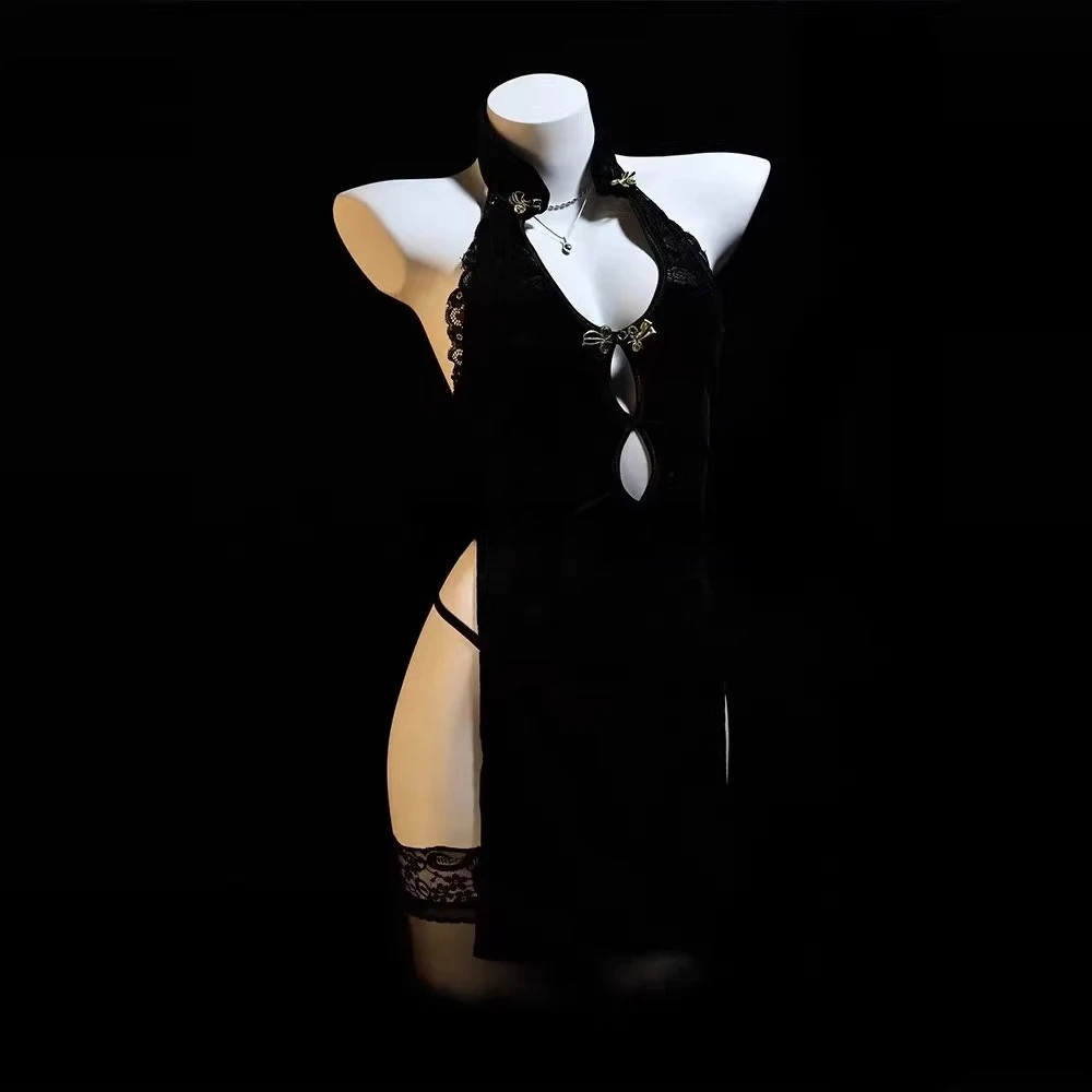 2025年新作 クラシックセクシー チャイナドレスセット ホロー インペリアルシスター風 ハイ スリット レトロ ネグリジェ レディース